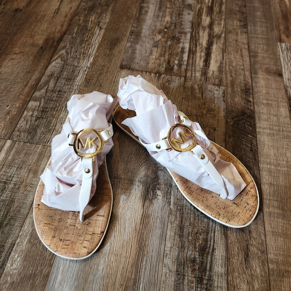 Michael Kors White Thong Sandals Gold MK Logo Cork Footbed Flat Shoes 9M CX15B